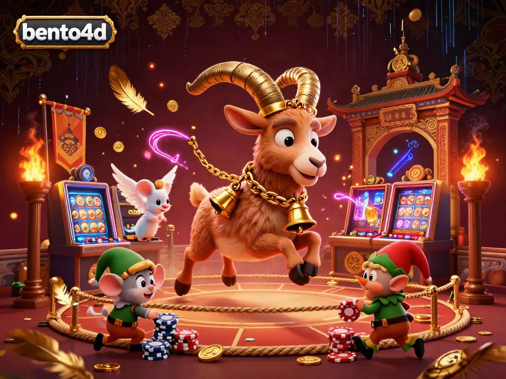 Engage in thrilling gameplay with bento4d, featuring a festive Krampus goat and mischievous elves in a vibrant casino.