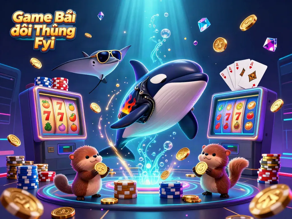 Experience the thrill of Game Bài Đổi Thưởng Fyi with vibrant casino elements and playful characters surrounded by riches.