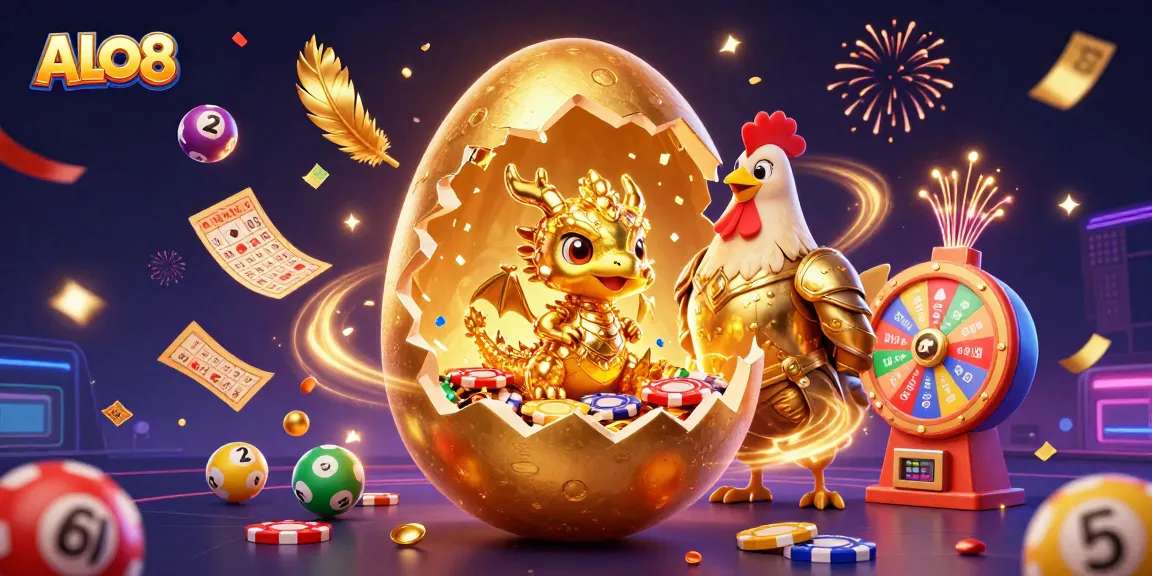 Engage in exciting gaming adventures at ALO8 with a vibrant scene of a dragon, colorful lottery balls, and golden elements.