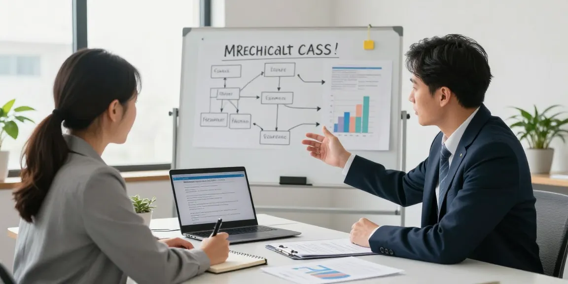 Consultation to apply for merchant cash advance in a modern office environment with financial documents and a laptop.