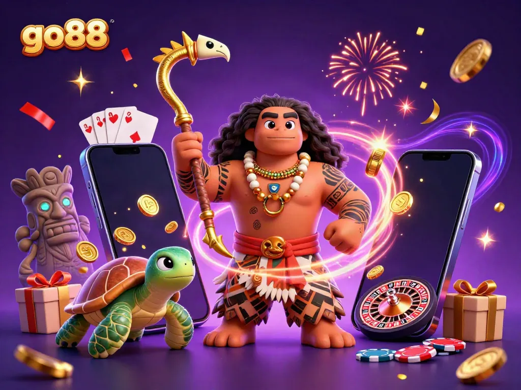 Experience the vibrant go88 gaming world with a Polynesian demigod and dynamic casino elements.