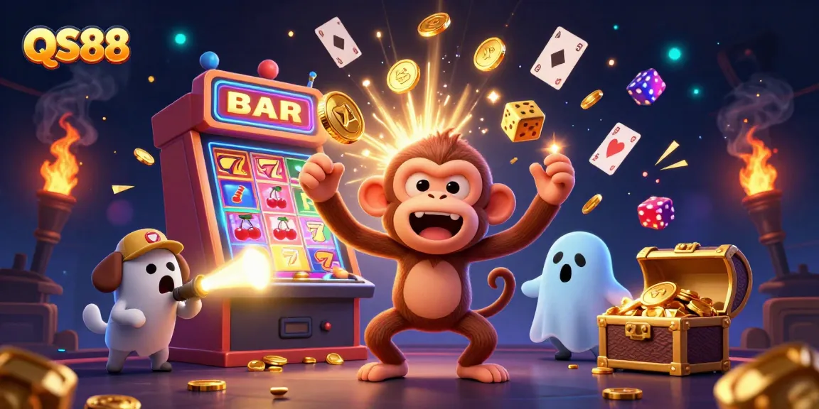 Experience thrilling gameplay at QS88 with a mischievous monkey juggling golden casino items.