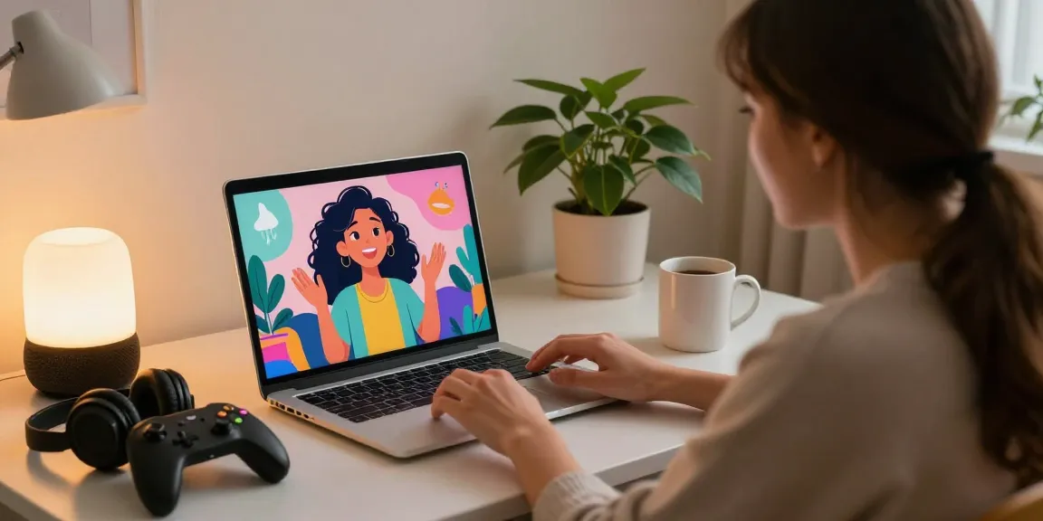 Interactive moment with ai gf on a laptop in cozy home office.