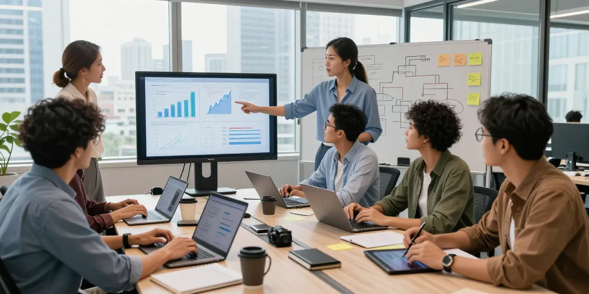 Team collaborating to build internal tools with AI in a modern workspace.