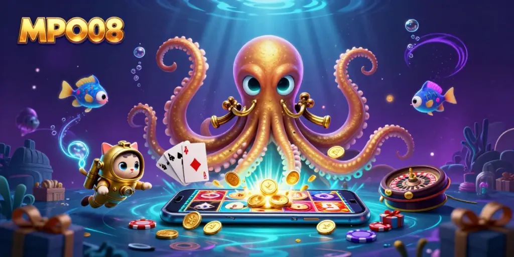 MPO08 elevates the gaming experience with vibrant slot reels and bioluminescent sea characters.