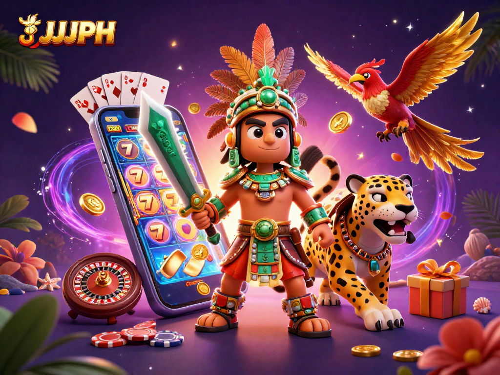 Win big at JJJPH with vibrant Aztec warriors, slot games, and dynamic casino elements.