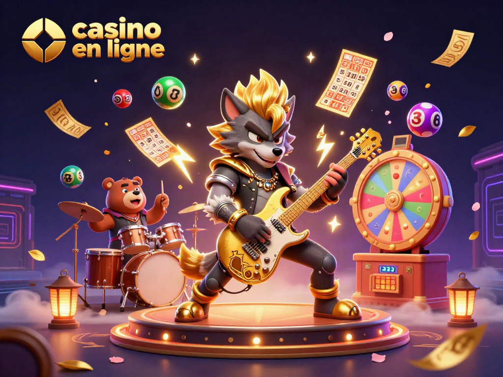 Jouez à des jeux captivants dans un casino en ligne avec un loup rock star et un ours batteur.
