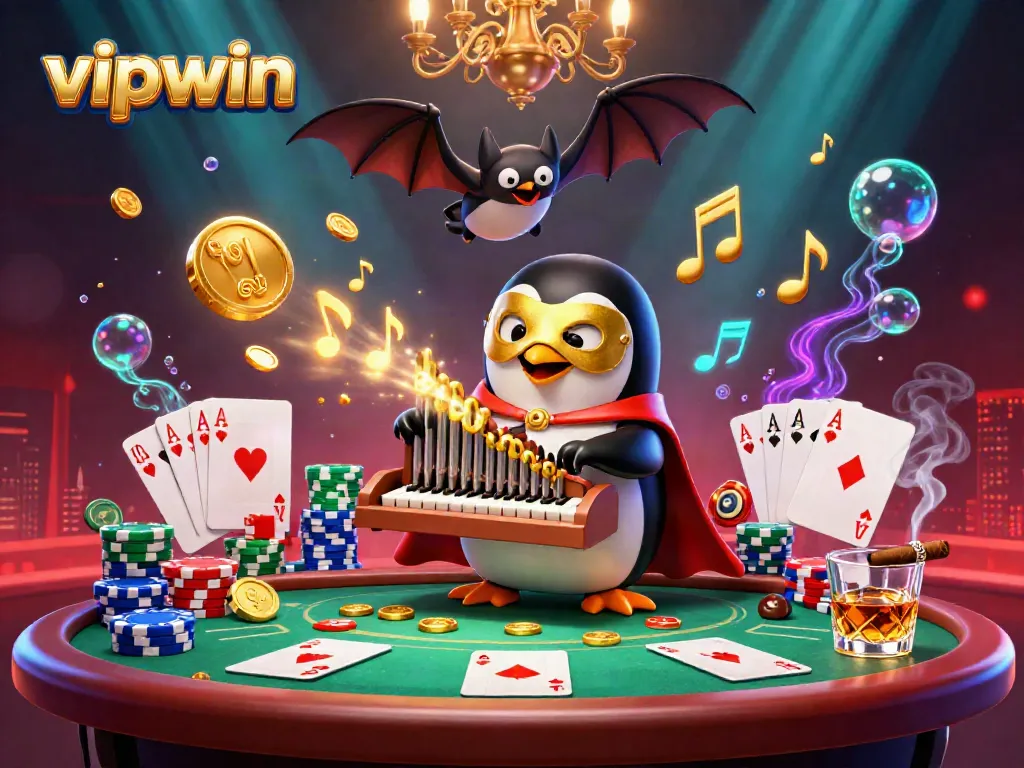 Experience the excitement of poker with VIPWIN's stunning 3D illustration featuring a unique penguin character extravagantly themed for a casino atmosphere