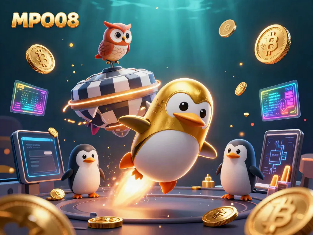 Engage with sports betting excitement at MPO08 featuring a golden penguin and casino space station.