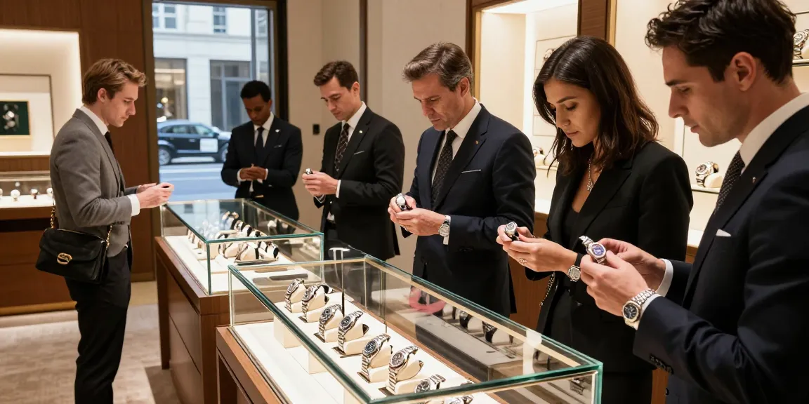 Stylish individuals exploring rolex super clone watches in an upscale boutique, showcasing luxury and craftsmanship.