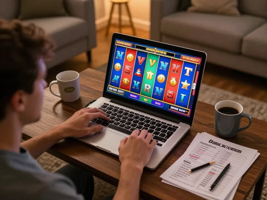F168 player enjoying a thrilling online slot gameplay with colorful reels and strategy notes on the table.