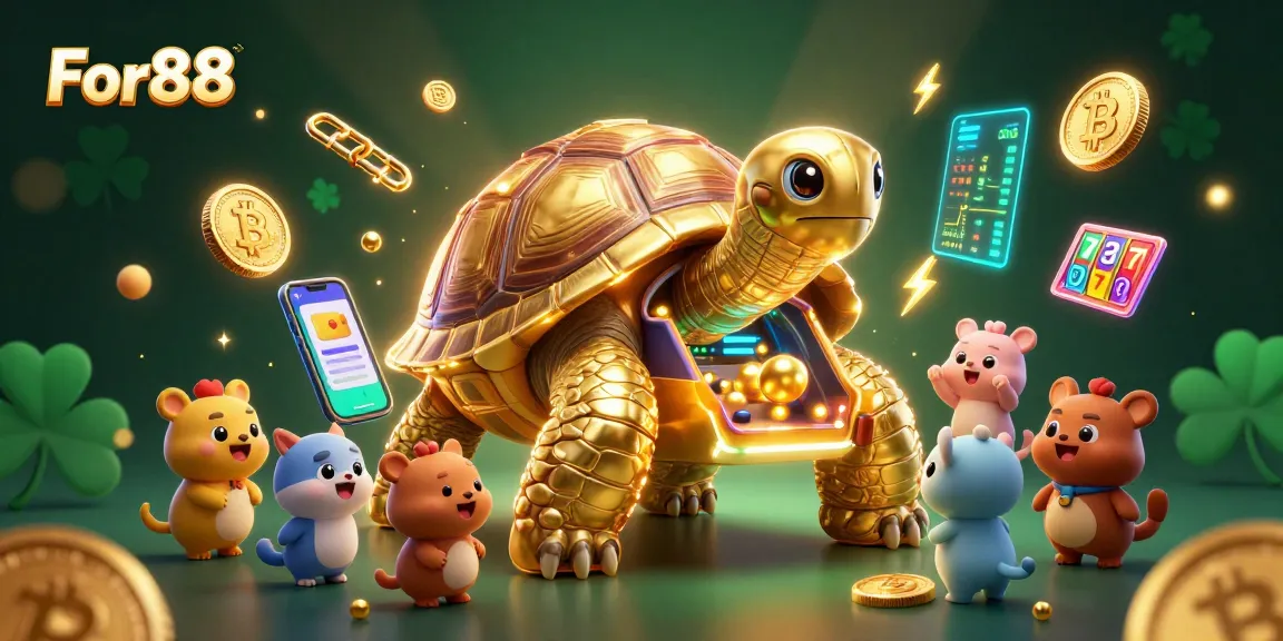 Engage with For88's exciting casino scene featuring a golden tortoise pinball machine and vibrant crypto elements.