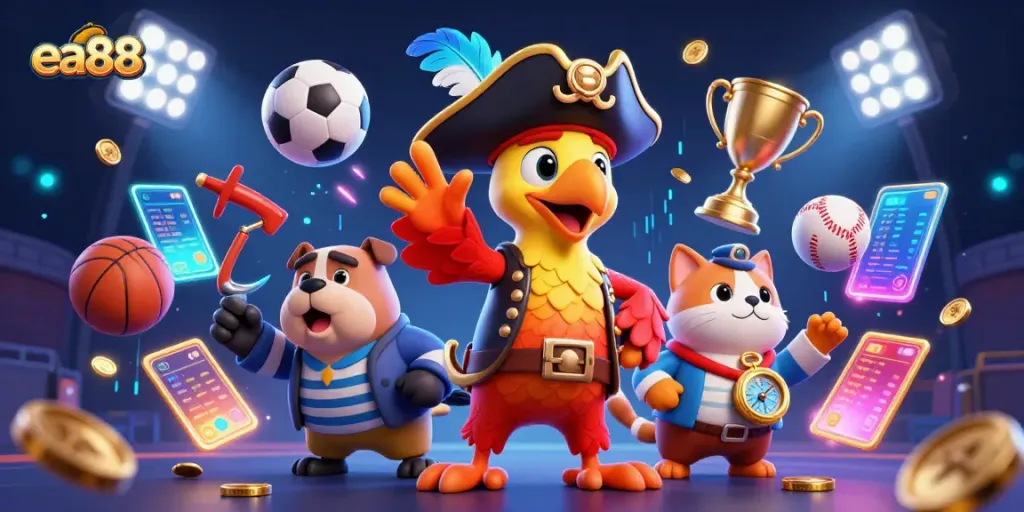 Experience thrilling betting with ea88 in this vibrant 3D casino action scene featuring sports elements and animated characters.