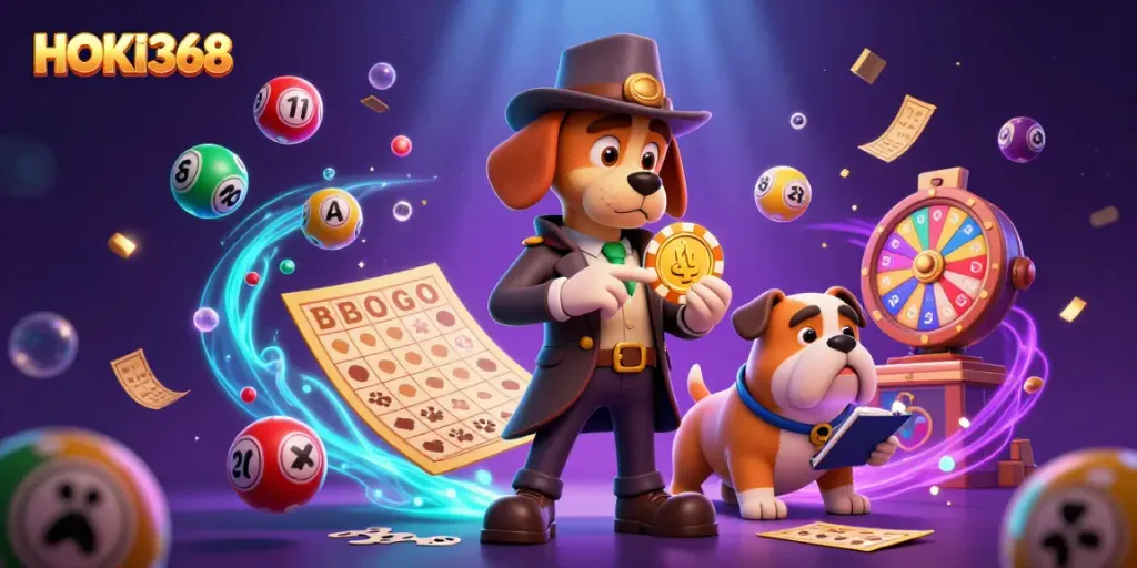 Experience the thrill of HOKI368 with a detective bloodhound revealing casino treasures in a vibrant scene.