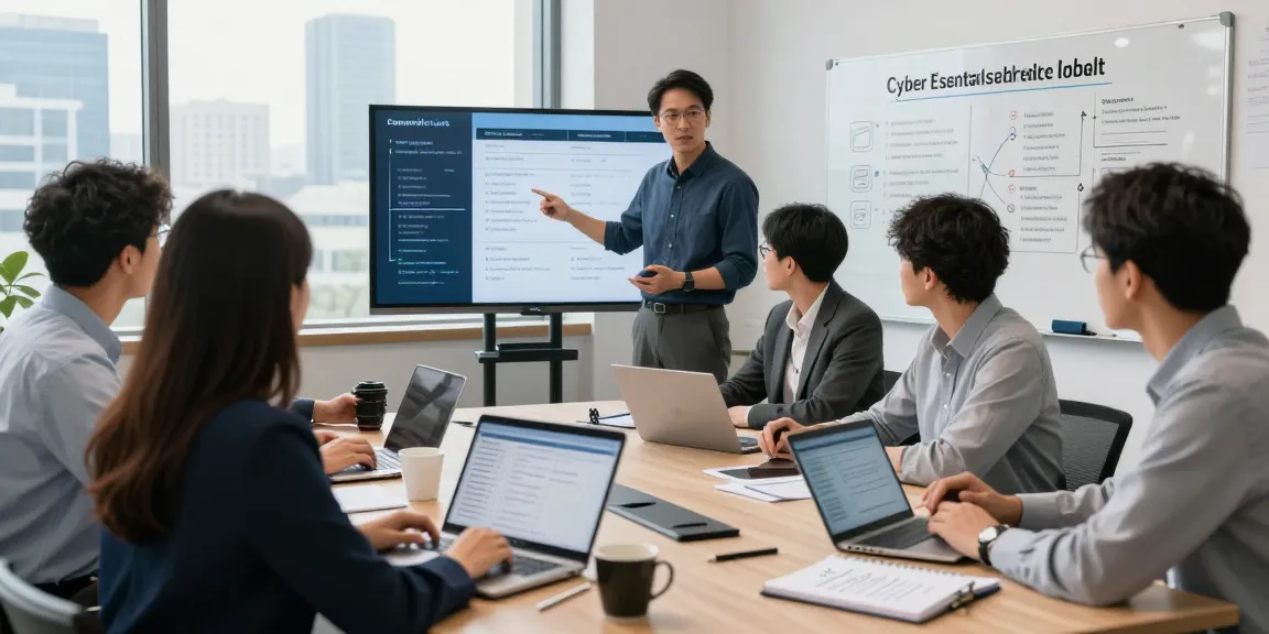 Team reviewing the cyber essentials checklist in a dynamic cybersecurity office setting.