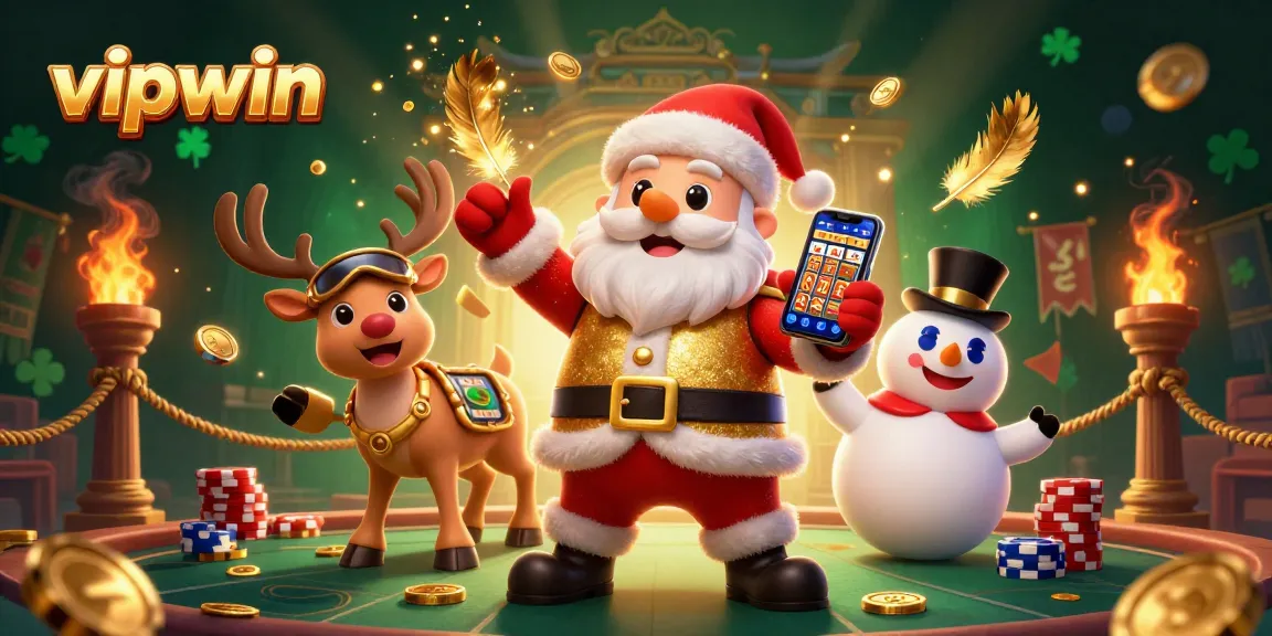 Experience the thrill of winning at vipwin with Santa, reindeer, and snowman in a vibrant casino backdrop.