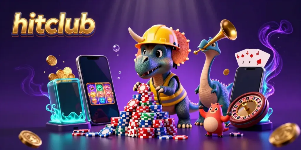 Engage in exciting gameplay with hitclub as colorful slot games and poker chips surround a celebration scene.