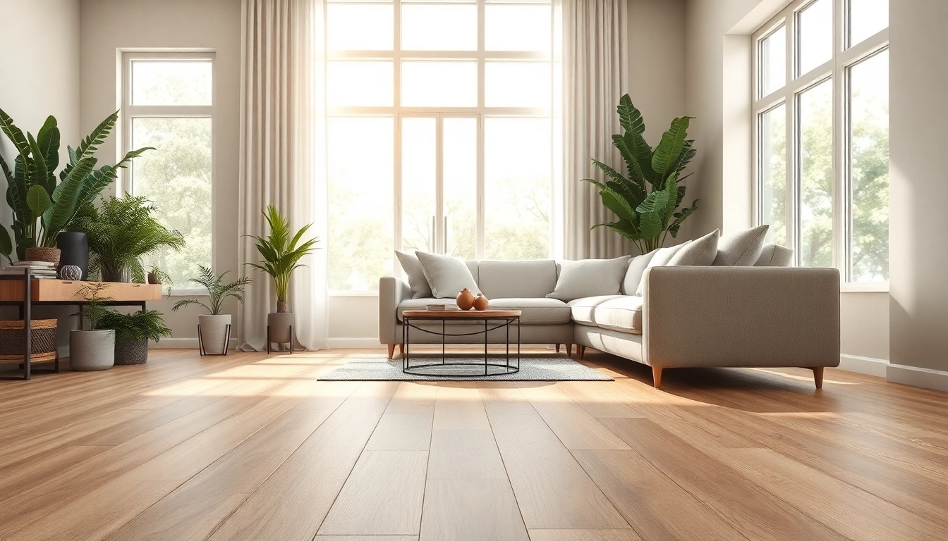 Transform your home with quality vinyl flooring, featuring a sleek taupe design in a bright living room.