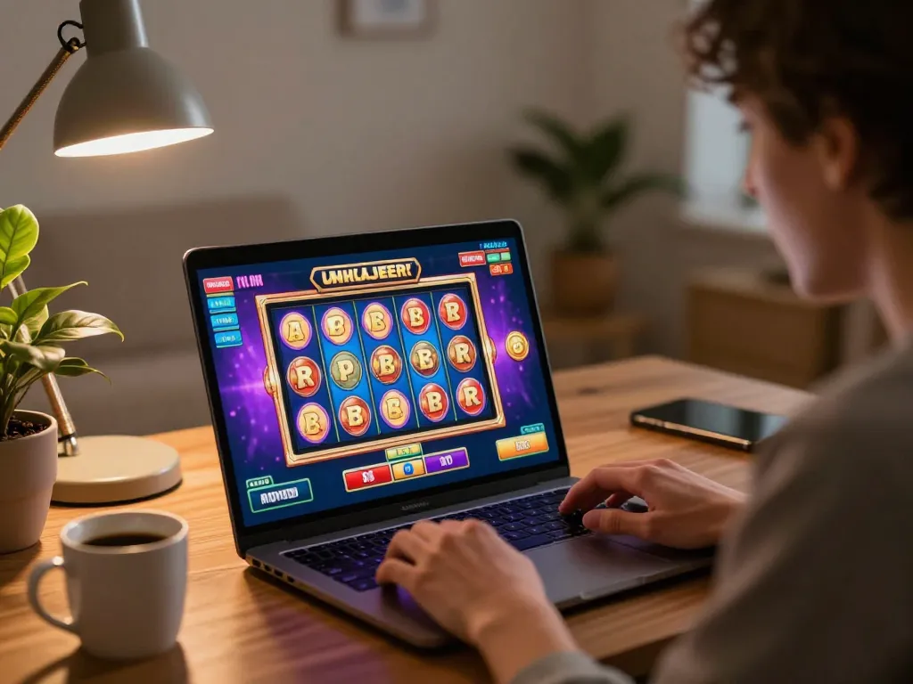 Engaging in online gaming with organiclifetree on a laptop showing interactive slot machines.