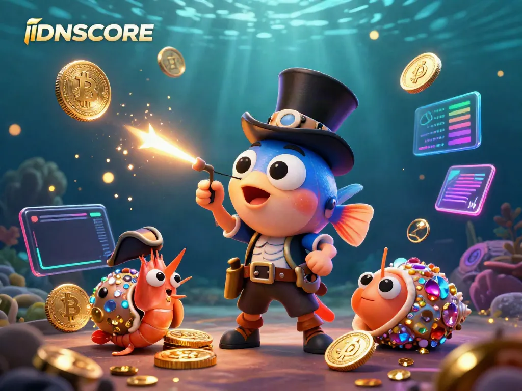 Experience IDNSCORE's vibrant 3D underwater theme featuring an anglerfish, shrimp, and sea snail amid golden coins and crypto elements.