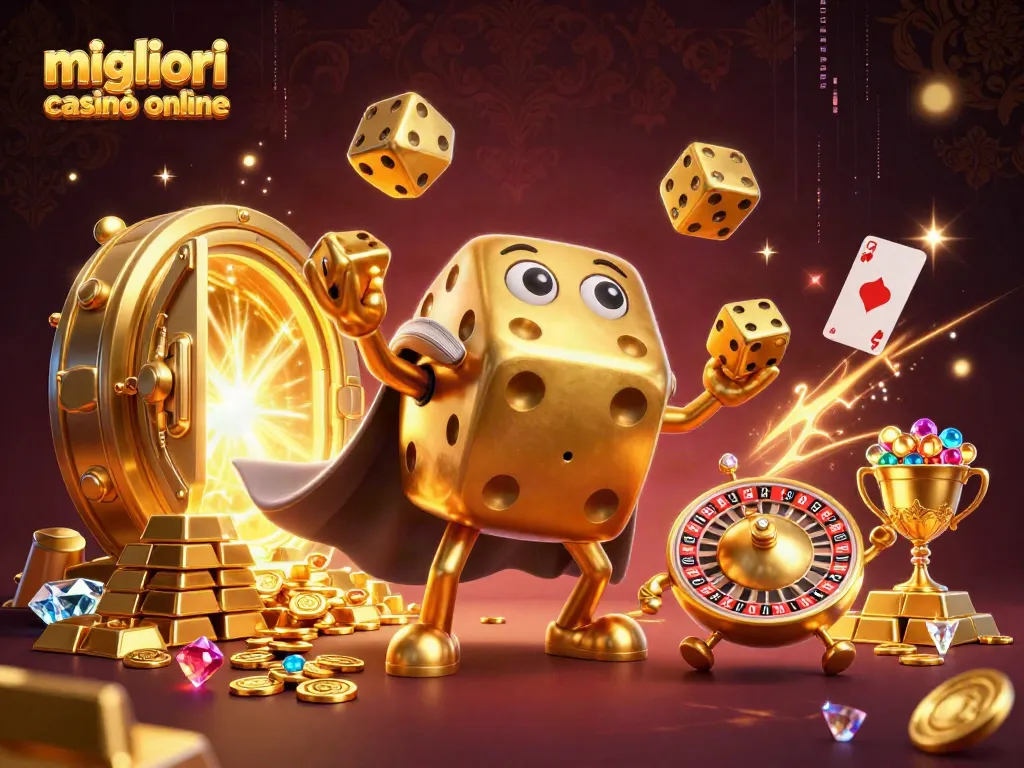 Scopri i migliori casinò online tramite un'illustrazione 3D di dadi d'oro, ricchezze e giochi.