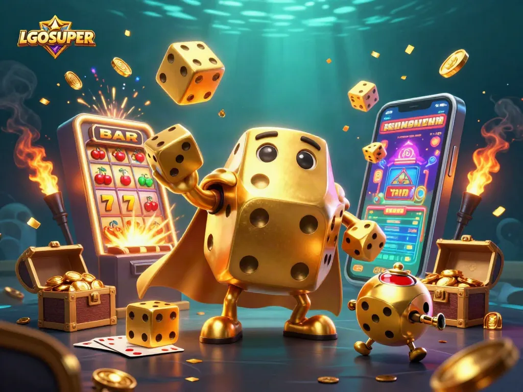 Experience epic wins with LGOSUPER in this vibrant 3D casino illustration featuring golden dice and dynamic game elements.