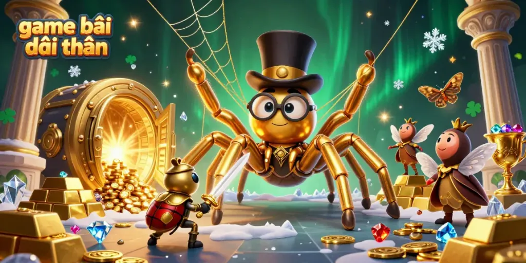 Experience the thrill of game bài đổi thưởng with a golden tarantula weaving riches in a vibrant casino setting.