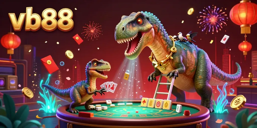 Experience the thrill of winning at vb88 with vibrant casino action featuring a towering brontosaurus and clever card dealer.