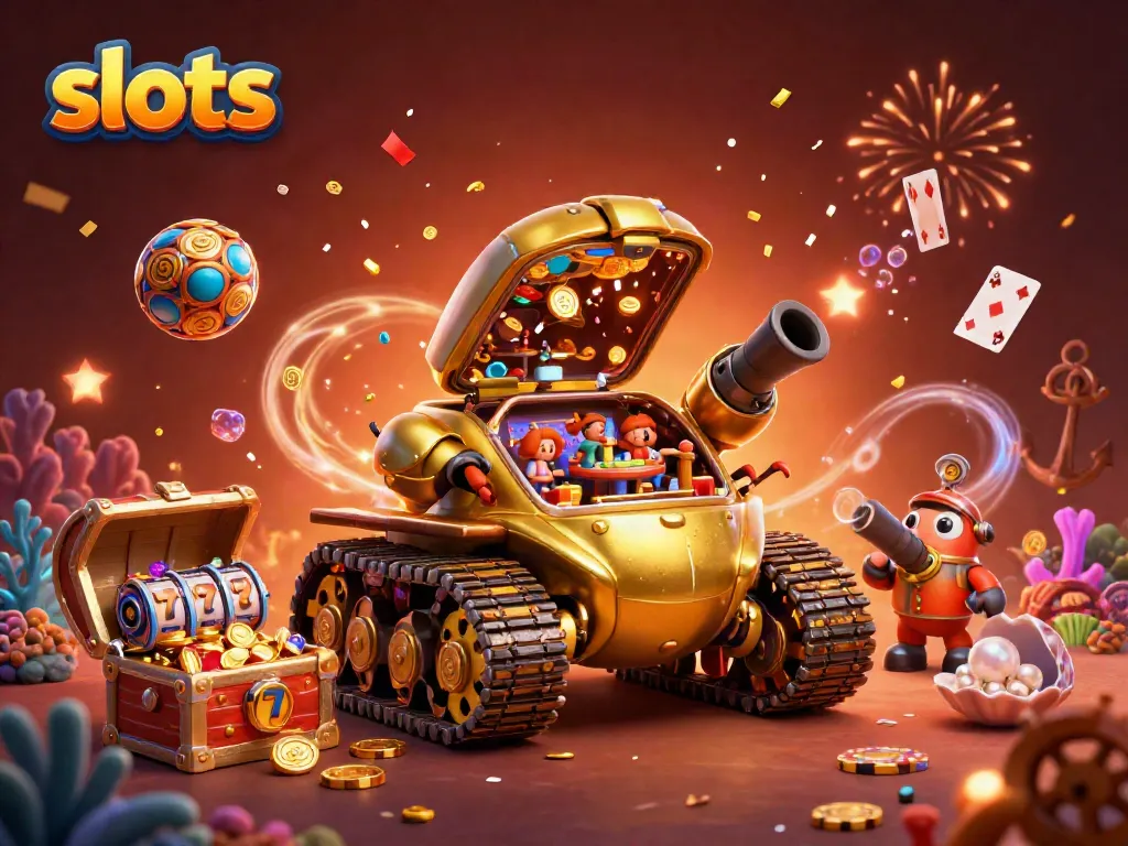Experience thrilling slots action with a golden beetle tank casino scene, confetti, and colorful gems