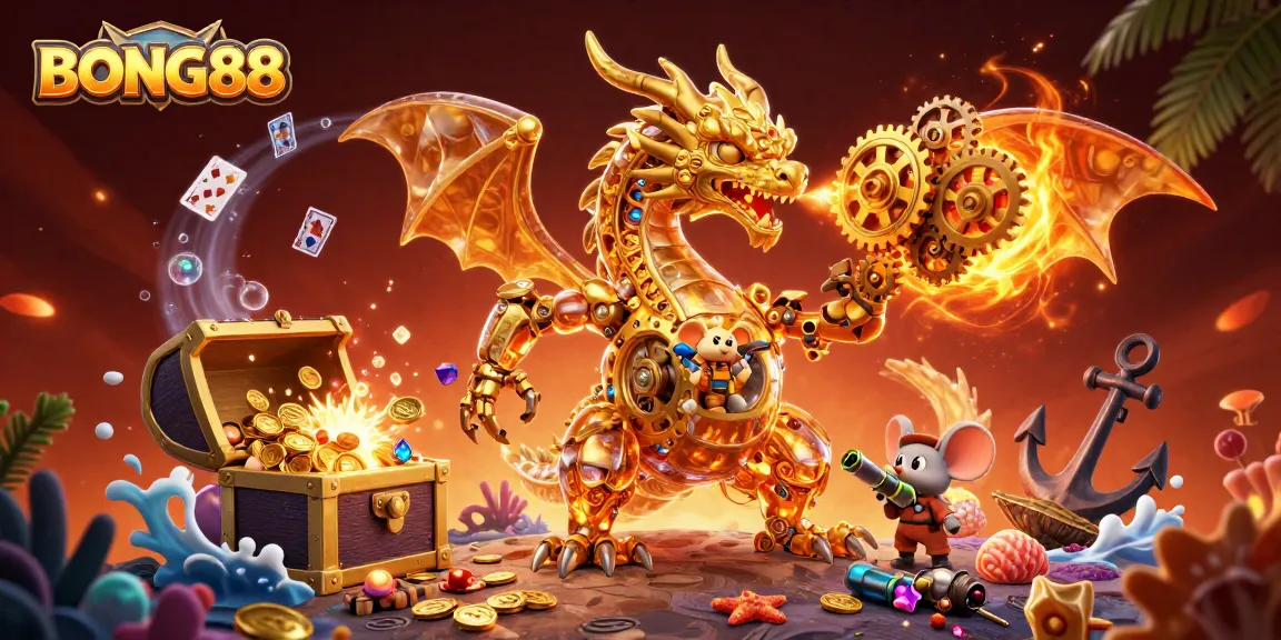BONG88 showcases a golden dragon breathing gears, representing thrilling gaming adventures in 3D.