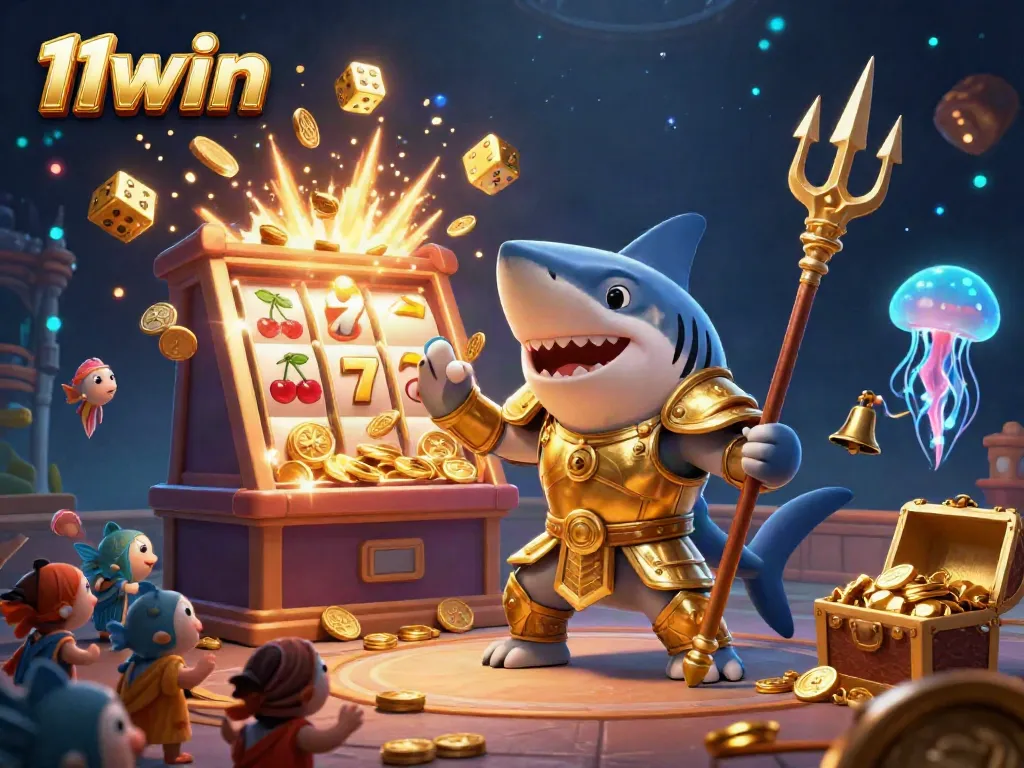 Experience the thrill of 11win with a cartoon shark in gladiator armor amidst a vibrant underwater casino scene.