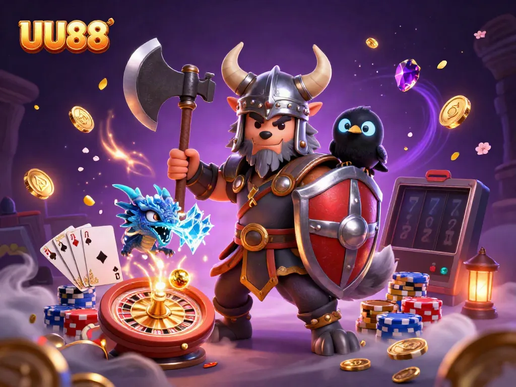 Engage with UU88: a thrilling illustration of a Viking wolf warrior, dragon, and glowing raven amidst casino excitement.