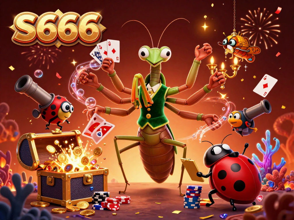 S666 offers vibrant casino excitement with a giant praying mantis card sharp, ladybug pit boss, and treasure elements.