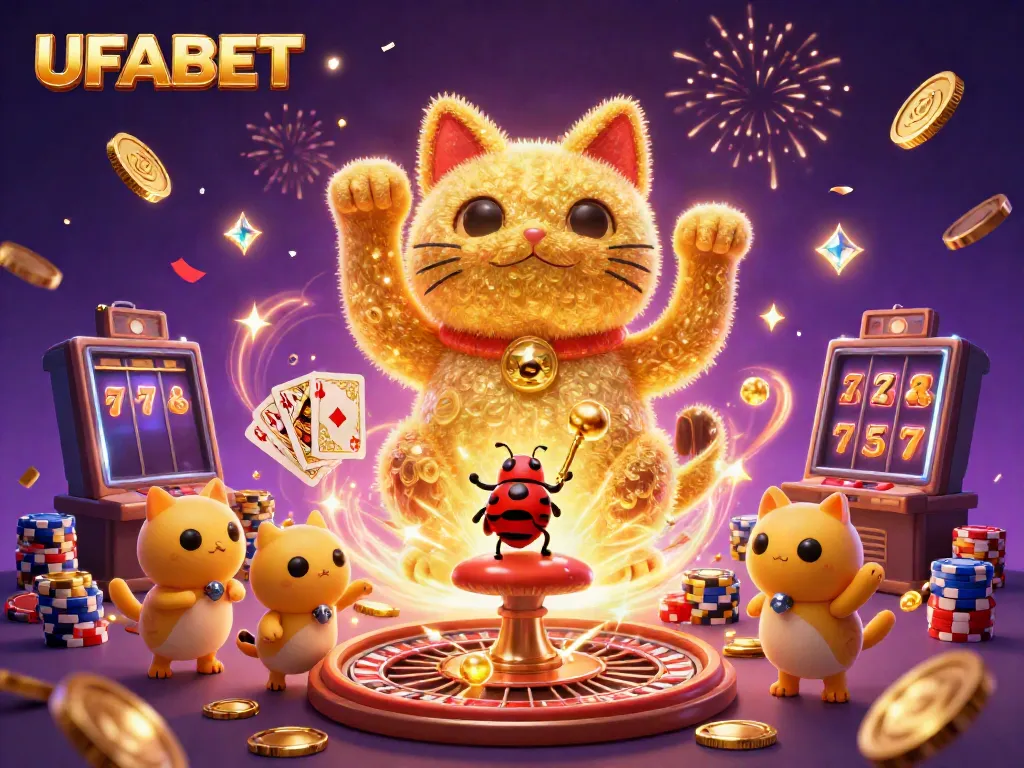 Experience the excitement of UFABET with a giant lucky cat and casino symbols illustrated in vibrant 3D artwork.