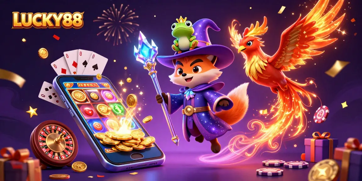 Engage with LUCKY88's dynamic gaming scene featuring a wizard fox, phoenix, and thrilling casino elements.