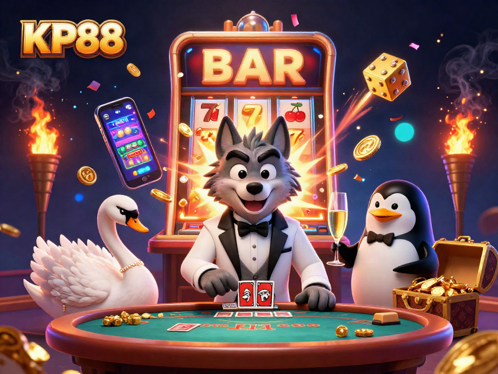 Join the excitement at KP88 with a debonair wolf, swan dealer, and penguin sommelier celebrating victories.