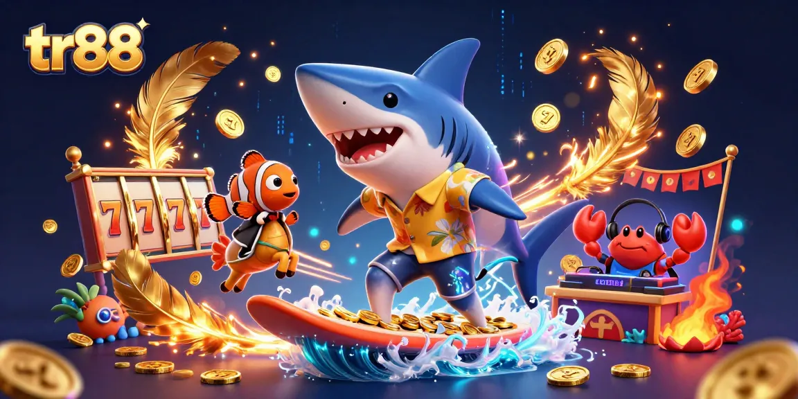 tr88 Casino adventure with a shark and clownfish chasing jackpots in vibrant underwater scene