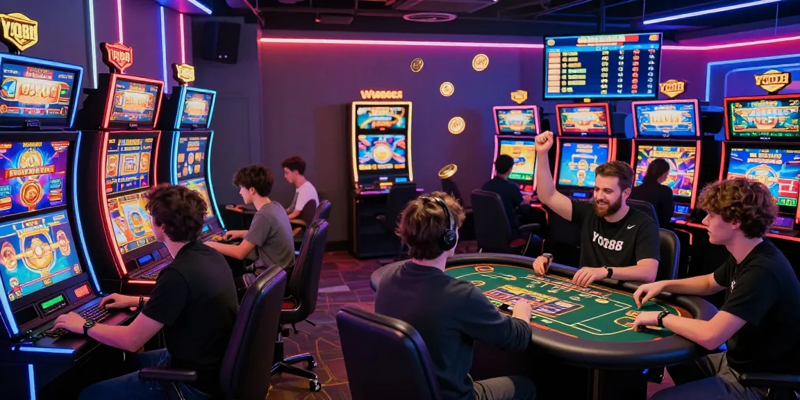 Players engaging in thrilling YO88 online casino games, celebrating wins in a vibrant digital environment.