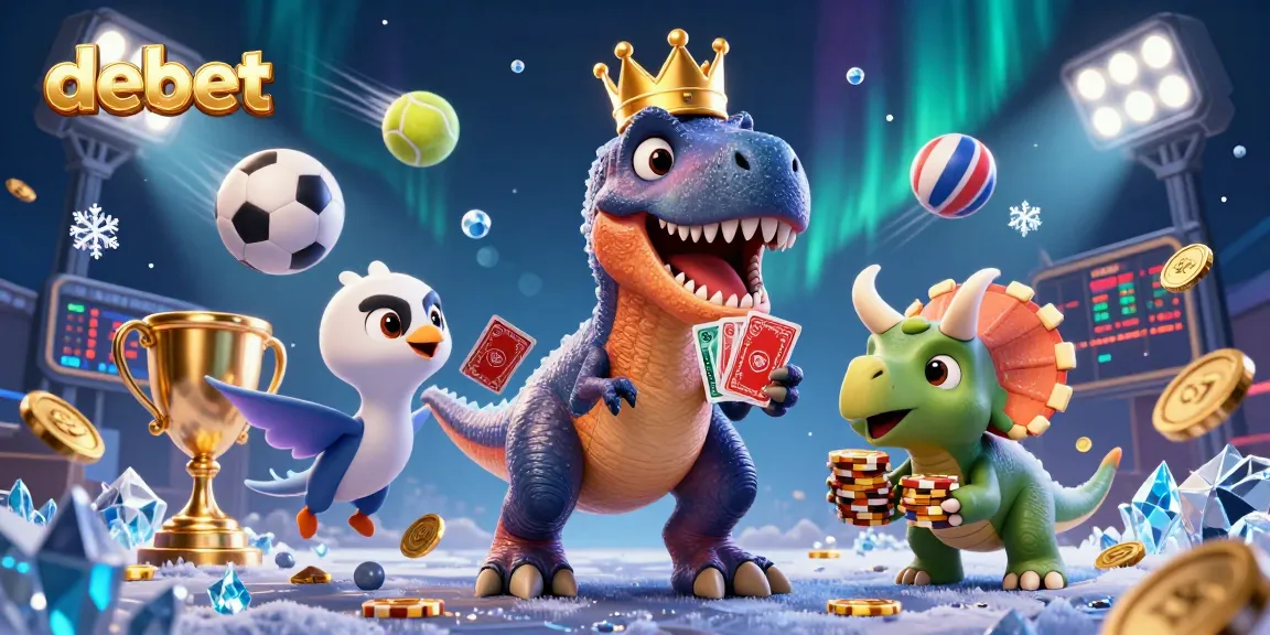 Engage in high-stakes fun with debet as a T-Rex shuffles cards while a triceratops stacks chips.