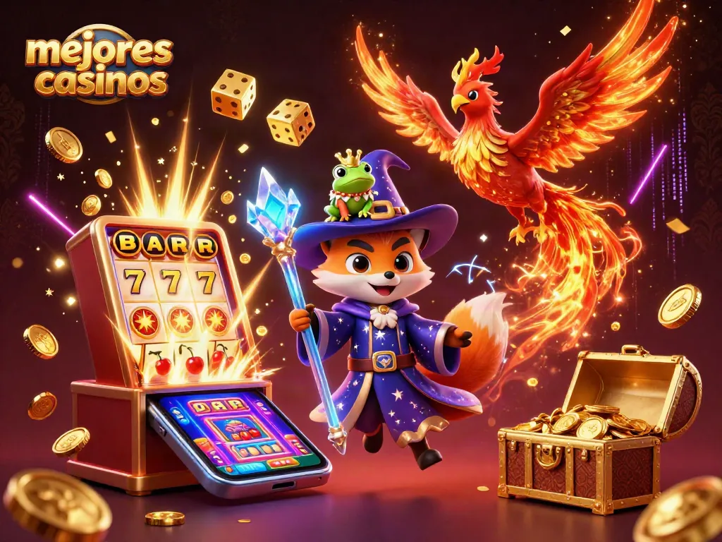 Captura emocionante de mejores casinos que fusiona un zorro mago con una máquina tragamonedas y efectos visuales vibrantes.