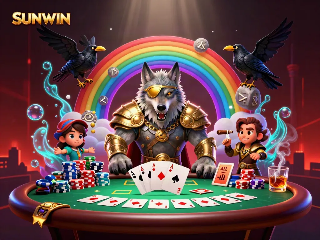 Experience the excitement of SUNWIN with an Odin wolf character and poker elements in a vibrant casino scene.