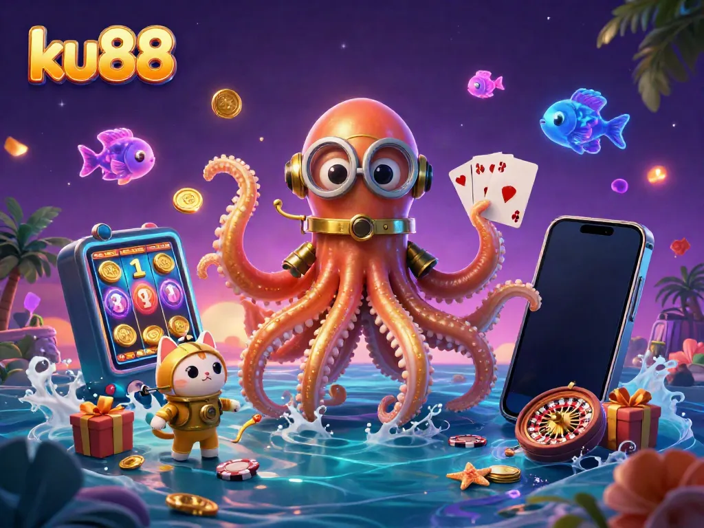 Experience the excitement of ku88 with a vibrant 3D casino scene featuring a kraken and diving cat.
