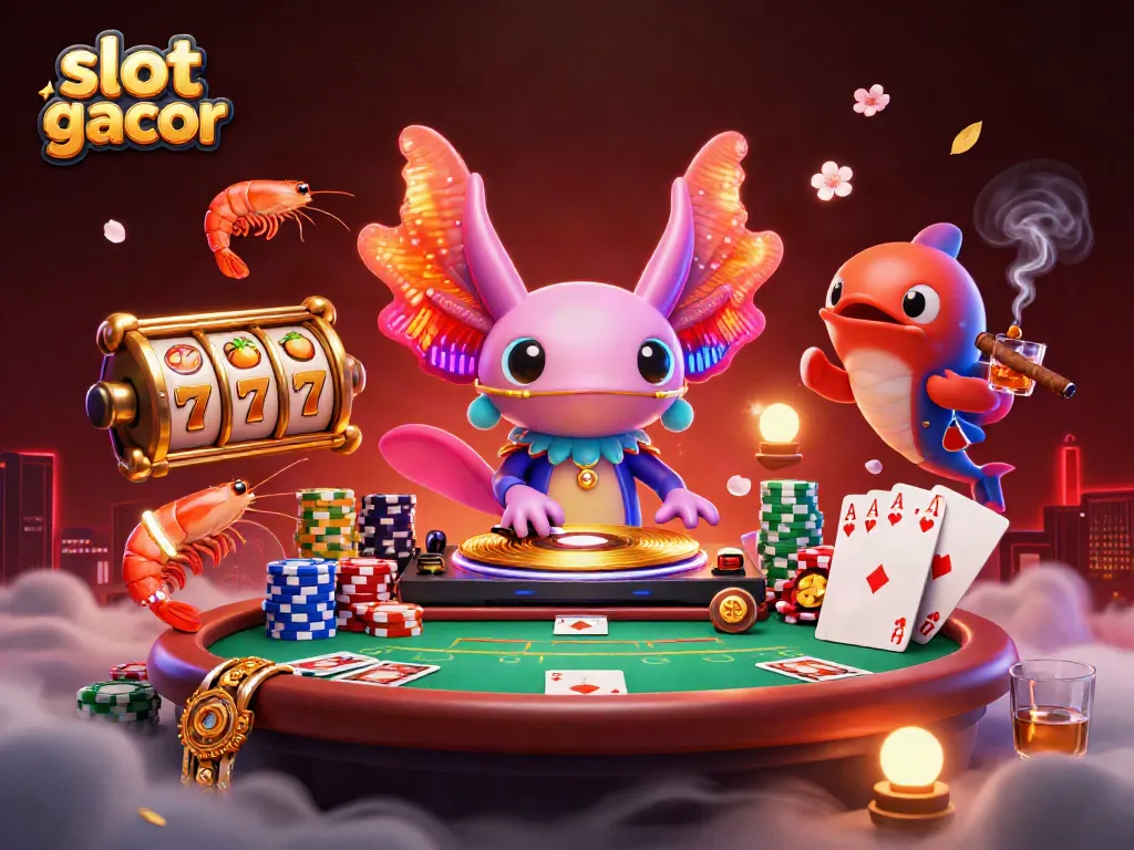 Experience the vibrant slot gacor scene with a DJ axolotl and glowing sea creatures.