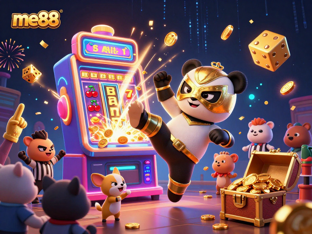Engage with me88's vibrant 3D casino-themed illustration featuring a panda wrestler, dynamic slot machines, and festive animal spectators.