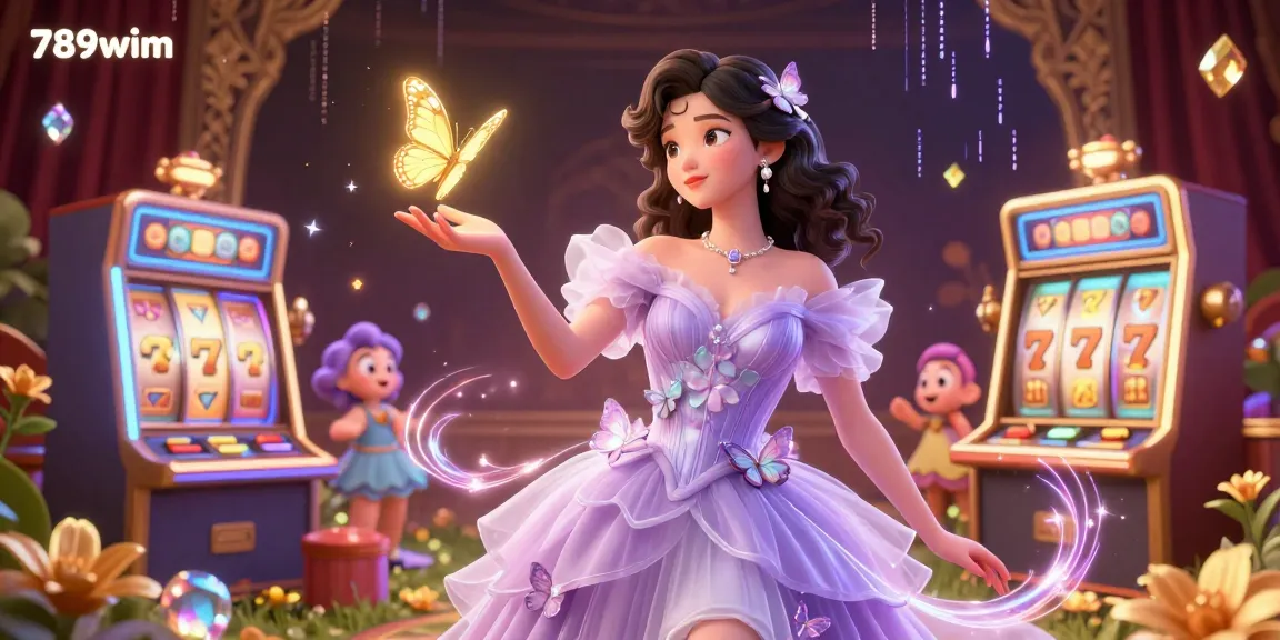 Experience the excitement of 789wim as golden butterflies and dynamic slot machines create a vibrant casino scene.