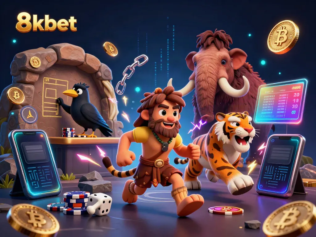 Experience the thrilling action of 8xbet with a lively prehistoric casino scene featuring engaging characters and vibrant digital elements.