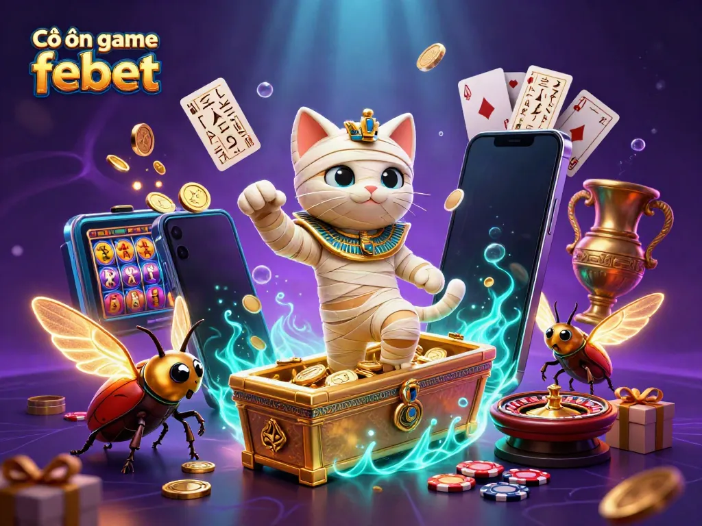 Experience the thrilling Cổng game febet with dynamic 3D casino illustration showcasing vibrant games and characters.