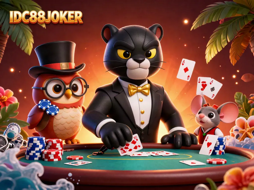 Engage thrillingly with IDC88JOKER through a dynamic 3D scene with vibrant casino elements.