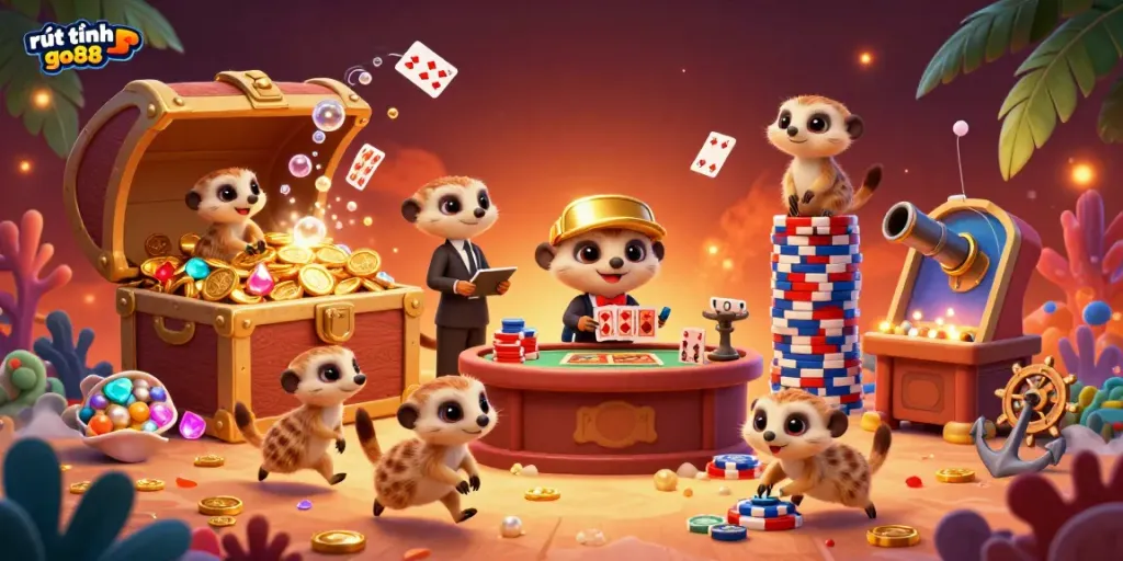 Engage in thrilling gameplay with rút tiền go88, featuring a lively meerkat casino scene filled with gold and games.