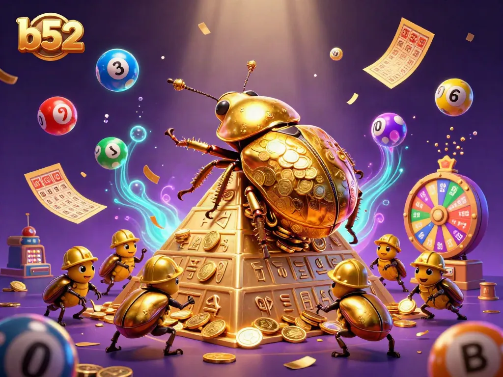 b52 casino beetles rolling coins and lottery elements in a vibrant illustration